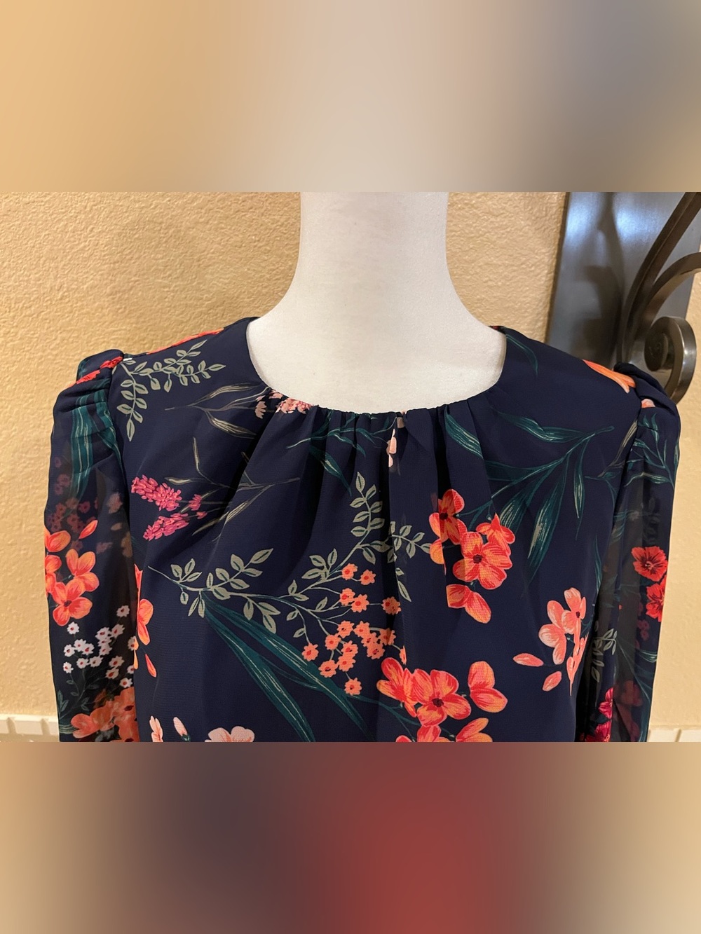 Eliza J Chiffon Floral Long Dress. Balloon long sleeve, slit, cascading ruffle 6 - Picture 6 of 16